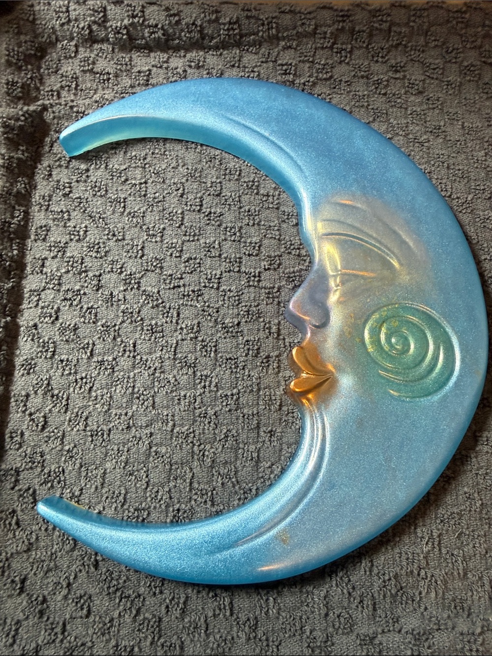 Iridescent Resin Blue Crescent Moon Wall Sculpture with Gold Accent